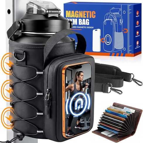 RIBOTS Magnetic Gym Bottle Bag: Dual-Sided Magnetic Gym Bag with Front Phone Mount - N52 Magnet Gym Bottle Bag Fits 21-64oz Bottles - Waterproof Fabric Adjustable Strap for Gym Lovers Workout Walking in Saudi Arabia