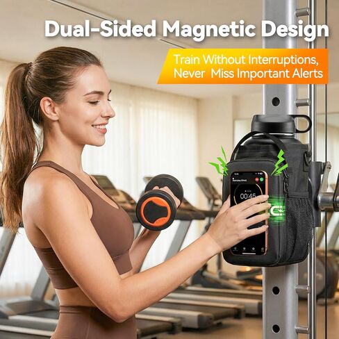 RIBOTS Magnetic Gym Bottle Bag: Dual-Sided Magnetic Gym Bag with Front Phone Mount - N52 Magnet Gym Bottle Bag Fits 21-64oz Bottles - Waterproof Fabric Adjustable Strap for Gym Lovers Workout Walking in Saudi Arabia