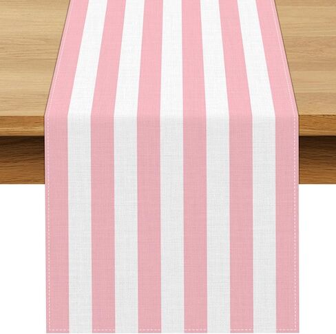 Pink and White Vertical Striped Table Runner Light Pink Birthday Party Decoration Baby Shower Dining Room Home Kitchen Table Decor (Pink, 13" x 72") in Saudi Arabia