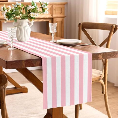 Pink and White Vertical Striped Table Runner Light Pink Birthday Party Decoration Baby Shower Dining Room Home Kitchen Table Decor (Pink, 13" x 72") in Saudi Arabia