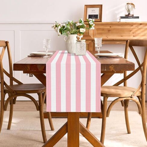Pink and White Vertical Striped Table Runner Light Pink Birthday Party Decoration Baby Shower Dining Room Home Kitchen Table Decor (Pink, 13" x 72") in Saudi Arabia