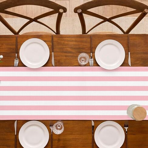 Pink and White Vertical Striped Table Runner Light Pink Birthday Party Decoration Baby Shower Dining Room Home Kitchen Table Decor (Pink, 13" x 72") in Saudi Arabia