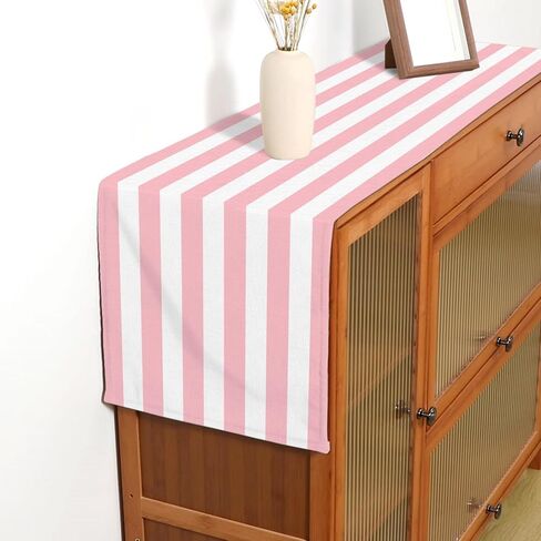 Pink and White Vertical Striped Table Runner Light Pink Birthday Party Decoration Baby Shower Dining Room Home Kitchen Table Decor (Pink, 13" x 72") in Saudi Arabia