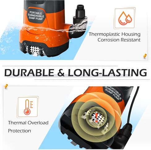 مضخة مستنقع 1 حصان مضخة تصريف مياه غاطسة نظيفة/قذرة 4500 جيجا في الساعة، مضخات كهربائية محمولة لنقل المياه لحمام السباحة، الطابق السفلي، الحديقة، المنتجعات الصحية، أحواض المياه الساخنة، ساحة الفيضانات، برتقالي in Kuwait