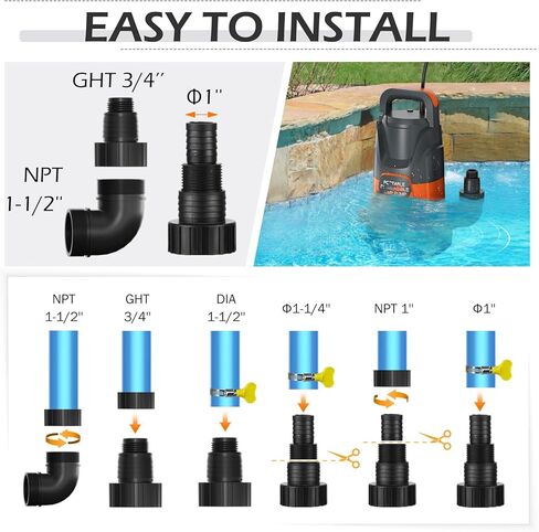 مضخة مستنقع 1 حصان مضخة تصريف مياه غاطسة نظيفة/قذرة 4500 جيجا في الساعة، مضخات كهربائية محمولة لنقل المياه لحمام السباحة، الطابق السفلي، الحديقة، المنتجعات الصحية، أحواض المياه الساخنة، ساحة الفيضانات، برتقالي in Kuwait