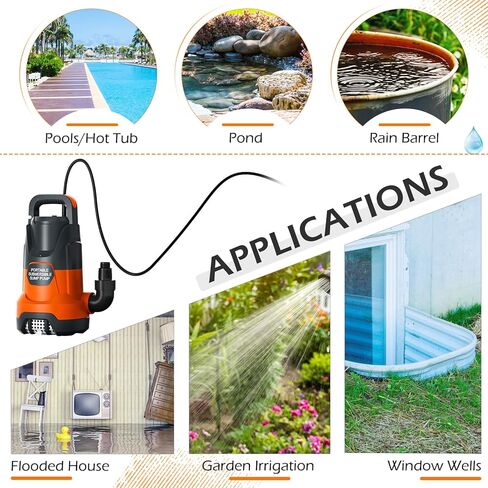 مضخة مستنقع 1 حصان مضخة تصريف مياه غاطسة نظيفة/قذرة 4500 جيجا في الساعة، مضخات كهربائية محمولة لنقل المياه لحمام السباحة، الطابق السفلي، الحديقة، المنتجعات الصحية، أحواض المياه الساخنة، ساحة الفيضانات، برتقالي in Kuwait