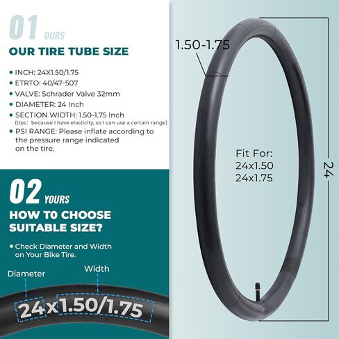 قطعتان، أنابيب دراجة ممتازة 24 × 1.50/1.75، متوافقة مع إطار دراجة 24 × 1.50 إلى 1.75، مع صمام شريدر 32 مم، مطاط بوتيل، يستخدم لدراجات الجبال والطراد والمدينة والطرق in Kuwait
