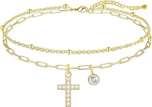 Cross Birthstone Bracelet for Women 14K Gold Plated Adjustable Layered Link Chain Bracelets Confirmation and Baptism Gifts Religious & Christian Birthstone Gifts for Birthday Christmas Anniversary in Kuwait
