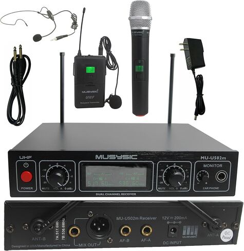 MUSYSIC المهنية ثنائي القناة UHF طية صدر السترة Lavalier نظام الميكروفون اللاسلكي مع إخراج الشاشة، سماعات الامتثال FCC لنظام الكاريوكي الكنيسة التحدث مؤتمر حفل زفاف in Kuwait
