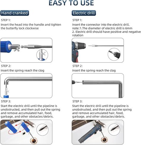 ثعبان الصرف، أوجير الصرف مع ملحق المثقاب، 16.4 قدم × 6 مم، ثعبان السباكة تغذية تلقائية مرنة لتصريف الشعر، مزيل انسداد للمطبخ، الحمام وحوض الدش in Kuwait