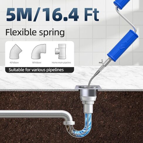ثعبان الصرف، أوجير الصرف مع ملحق المثقاب، 16.4 قدم × 6 مم، ثعبان السباكة تغذية تلقائية مرنة لتصريف الشعر، مزيل انسداد للمطبخ، الحمام وحوض الدش in Kuwait