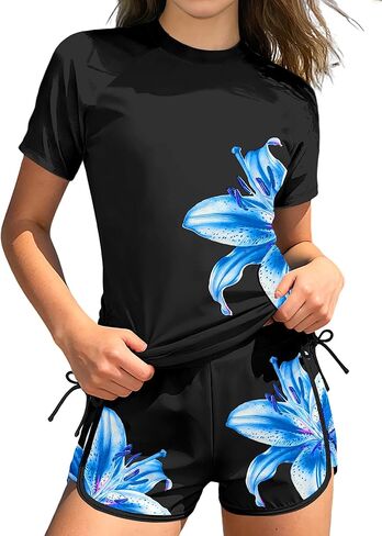 AGAPENG Girls Rash Guard Swimsuit 2 Piece Short Sleeve Rash Guard Floral Print Drawstring Bathing Suit UPF 50+ Swimwear 9-16Y in Saudi Arabia