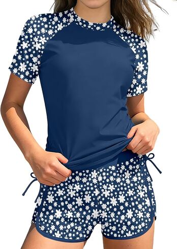 AGAPENG Girls Rash Guard Swimsuit 2 Piece Short Sleeve Rash Guard Floral Print Drawstring Bathing Suit UPF 50+ Swimwear 9-16Y in Saudi Arabia