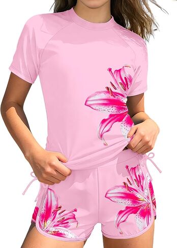 AGAPENG Girls Rash Guard Swimsuit 2 Piece Short Sleeve Rash Guard Floral Print Drawstring Bathing Suit UPF 50+ Swimwear 9-16Y in Saudi Arabia