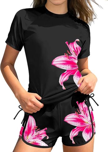 AGAPENG Girls Rash Guard Swimsuit 2 Piece Short Sleeve Rash Guard Floral Print Drawstring Bathing Suit UPF 50+ Swimwear 9-16Y in Saudi Arabia