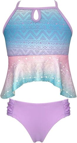 الفتيات كشكش انتفض Tankini المطبوعة الكروشيه قطعتين بيكيني مجموعة in Saudi Arabia