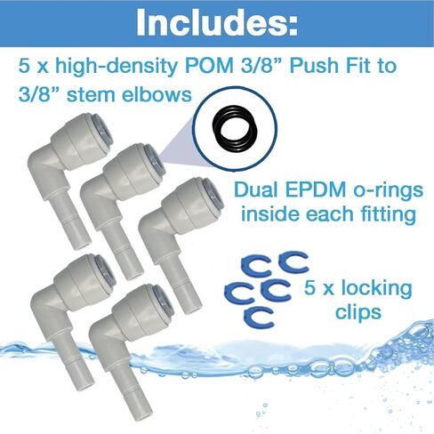 3/8" DUAL O-RING, Stem Elbows, Quick Connect, Push Fit Water Tube Fitting for RO Reverse Osmosis, Filters, Refrigerators, Ice Makers, and Coffee Brewers, Locking Clips, Compare to CI221208W (5-Pack) in Kuwait