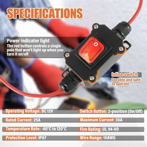تيار مستمر 12 فولت - 24 فولت مفتاح مضمن مقاوم للماء IP65 DPST ثنائي الجانب 10AWG مفاتيح الأسلاك 25A مفتاح الطاقة المضمن للدراجات النارية والسيارات والأجهزة الكهربائية الخارجية وتشغيل/إيقاف التشغيل in Kuwait