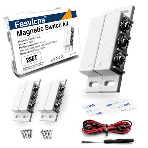 2 حزمة من مفاتيح القصب المغناطيسي NC NO، مستشعر اتصال نافذة الباب المثبت على السطح مع سلك 22AWG، براغي، مفك براغي وشريط مزدوج الجوانب - مستشعر إنذار سلكي، أسود in Kuwait