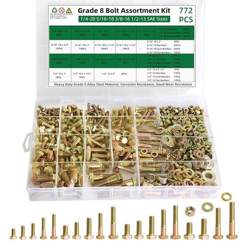 772 Pcs Grade 8 Bolt and Nuts Assortment Kit, Heavy Duty Hex Screws Bolts Nuts Kit, SAE Sizes 1/4-20 5/16-18 3/8-16 1/2-13 in Saudi Arabia
