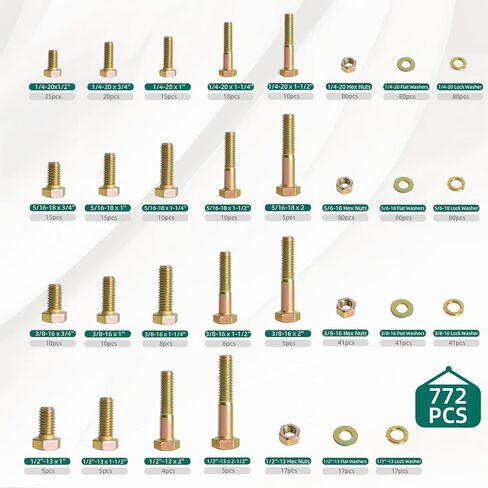 772 Pcs Grade 8 Bolt and Nuts Assortment Kit, Heavy Duty Hex Screws Bolts Nuts Kit, SAE Sizes 1/4-20 5/16-18 3/8-16 1/2-13 in Saudi Arabia