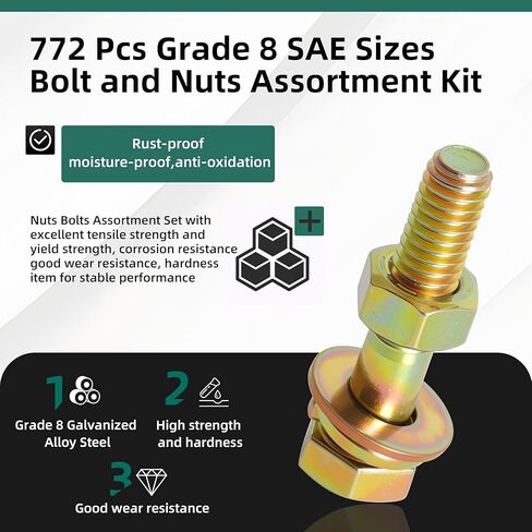 772 Pcs Grade 8 Bolt and Nuts Assortment Kit, Heavy Duty Hex Screws Bolts Nuts Kit, SAE Sizes 1/4-20 5/16-18 3/8-16 1/2-13 in Saudi Arabia