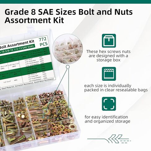 772 Pcs Grade 8 Bolt and Nuts Assortment Kit, Heavy Duty Hex Screws Bolts Nuts Kit, SAE Sizes 1/4-20 5/16-18 3/8-16 1/2-13 in Saudi Arabia