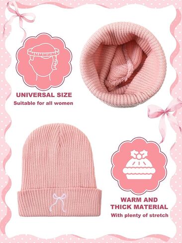 3 Pcs Christmas Pink Bow Beanie Hats Women Coquette Aesthetic Beanie Gifts Bulk Christmas Y2k Gifts Accessories(Black, White, Pink,Embroidery) in Kuwait