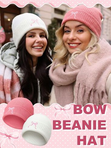 3 Pcs Christmas Pink Bow Beanie Hats Women Coquette Aesthetic Beanie Gifts Bulk Christmas Y2k Gifts Accessories(Black, White, Pink,Embroidery) in Kuwait