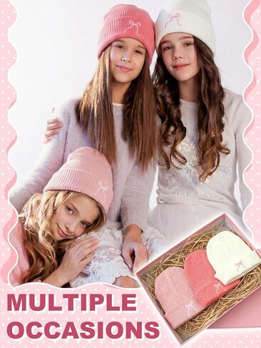 3 Pcs Christmas Pink Bow Beanie Hats Women Coquette Aesthetic Beanie Gifts Bulk Christmas Y2k Gifts Accessories(Black, White, Pink,Embroidery) in Kuwait