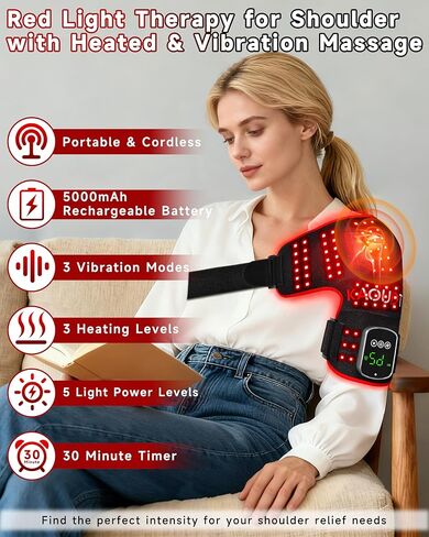 العلاج بالضوء الأحمر اللاسلكي للكتف مع تدليك الاهتزاز، مدلك وسادة الكتف الساخنة القابلة لإعادة الشحن بقدرة 5000 مللي أمبير في الساعة، 660 نانومتر و850 نانومتر بالقرب من العلاج بالأشعة تحت الحمراء لتخفيف آلام المفاصل (أسود) in Kuwait