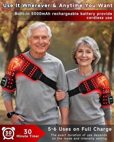 العلاج بالضوء الأحمر اللاسلكي للكتف مع تدليك الاهتزاز، مدلك وسادة الكتف الساخنة القابلة لإعادة الشحن بقدرة 5000 مللي أمبير في الساعة، 660 نانومتر و850 نانومتر بالقرب من العلاج بالأشعة تحت الحمراء لتخفيف آلام المفاصل (أسود) in Kuwait