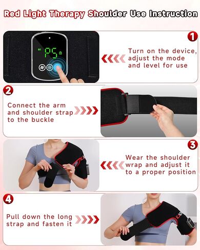 العلاج بالضوء الأحمر اللاسلكي للكتف مع تدليك الاهتزاز، مدلك وسادة الكتف الساخنة القابلة لإعادة الشحن بقدرة 5000 مللي أمبير في الساعة، 660 نانومتر و850 نانومتر بالقرب من العلاج بالأشعة تحت الحمراء لتخفيف آلام المفاصل (أسود) in Kuwait