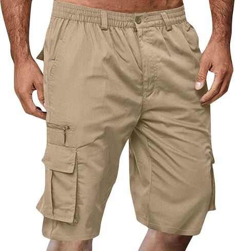 Cargo Shorts for Men Multi-Pockets Classic Fit Knee Shorts Baggy Casual Summer Elastic Waist Hiking Pant in Saudi Arabia