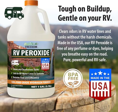 بيروكسيد الهيدروجين من Nature's Freedom RV، ينظف ويزيل الروائح الكريهة من خزانات RV الطازجة والرمادية والأسود، آمن لخطوط المياه والسباكة، ونقاء من الدرجة الغذائية، وقوة مركزة، 1 جالون in Kuwait