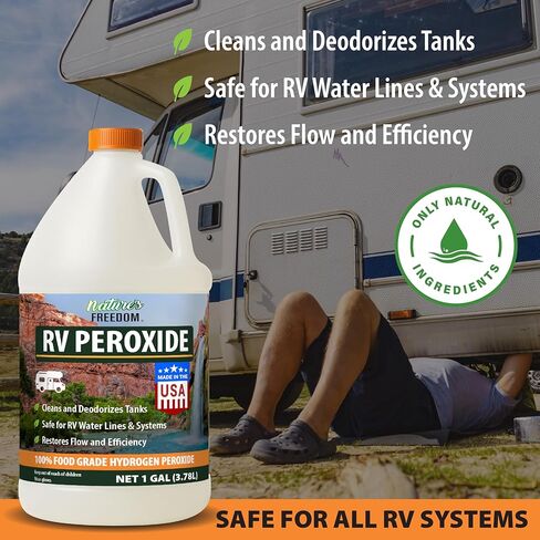 بيروكسيد الهيدروجين من Nature's Freedom RV، ينظف ويزيل الروائح الكريهة من خزانات RV الطازجة والرمادية والأسود، آمن لخطوط المياه والسباكة، ونقاء من الدرجة الغذائية، وقوة مركزة، 1 جالون in Kuwait