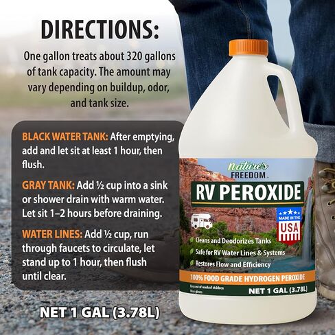 بيروكسيد الهيدروجين من Nature's Freedom RV، ينظف ويزيل الروائح الكريهة من خزانات RV الطازجة والرمادية والأسود، آمن لخطوط المياه والسباكة، ونقاء من الدرجة الغذائية، وقوة مركزة، 1 جالون in Kuwait