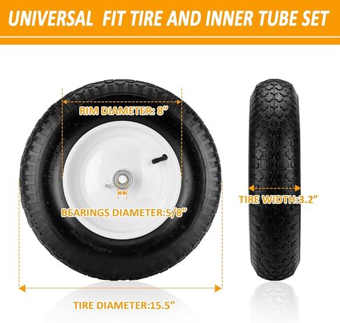 4.80/4.00-8" Air Filled Wheelbarrow Tire,Heavy-Duty Replacement Tire and Inner Tube Set with 3/4 & 5/8 Wheel Bearing and Spacer Kit included,Tubed Tires Non-Slip for Garden Cart Wagon (White) in Kuwait
