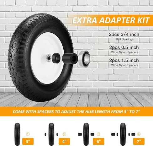 4.80/4.00-8" Air Filled Wheelbarrow Tire,Heavy-Duty Replacement Tire and Inner Tube Set with 3/4 & 5/8 Wheel Bearing and Spacer Kit included,Tubed Tires Non-Slip for Garden Cart Wagon (White) in Kuwait