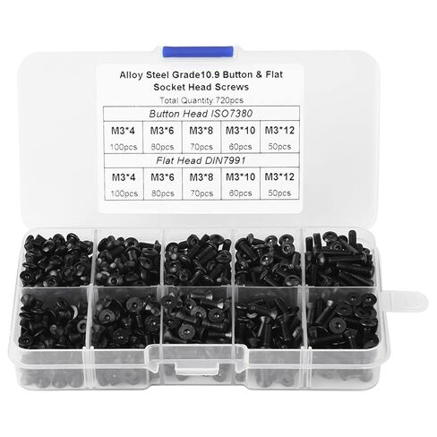720pcs M3*4/6/8/10/12 Black Alloy Steel Flat Head Hex Socket Screws with Plastic Box in Saudi Arabia