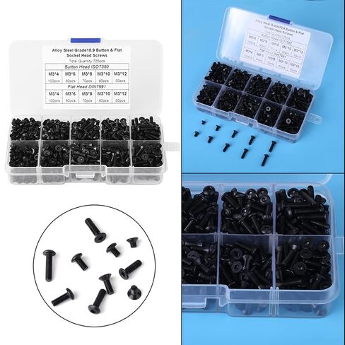 720pcs M3*4/6/8/10/12 Black Alloy Steel Flat Head Hex Socket Screws with Plastic Box in Saudi Arabia