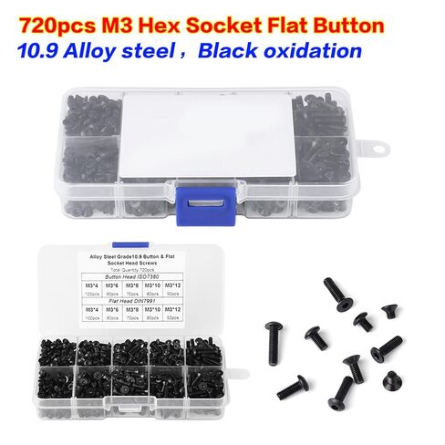 720pcs M3*4/6/8/10/12 Black Alloy Steel Flat Head Hex Socket Screws with Plastic Box in Saudi Arabia