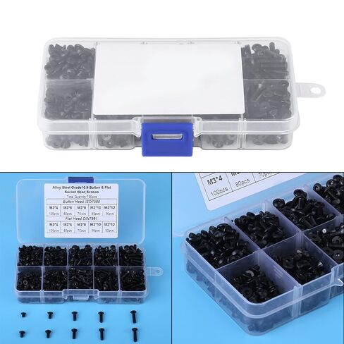 720pcs M3*4/6/8/10/12 Black Alloy Steel Flat Head Hex Socket Screws with Plastic Box in Saudi Arabia