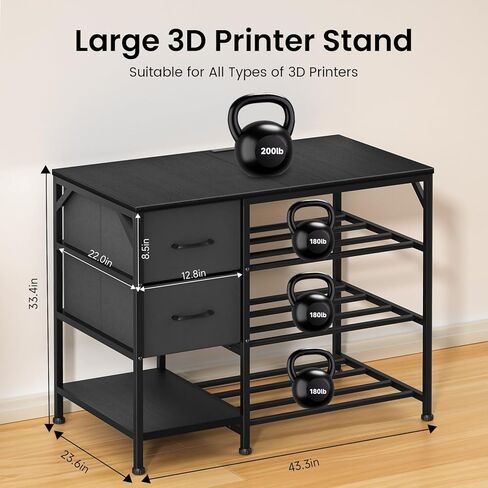 حامل طابعة ثلاثية الأبعاد مع رف تخزين خيوط - طاولة طابعة ثلاثية الأبعاد شديدة التحمل بأربعة طبقات مع درجين ومنفذ طاقة، مكتب طباعة ثلاثي الأبعاد متعدد الاستخدام للمنزل والاستوديو وورشة العمل (أسود) in Kuwait