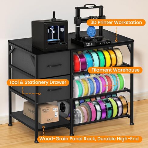 حامل طابعة ثلاثية الأبعاد مع رف تخزين خيوط - طاولة طابعة ثلاثية الأبعاد شديدة التحمل بأربعة طبقات مع درجين ومنفذ طاقة، مكتب طباعة ثلاثي الأبعاد متعدد الاستخدام للمنزل والاستوديو وورشة العمل (أسود) in Kuwait