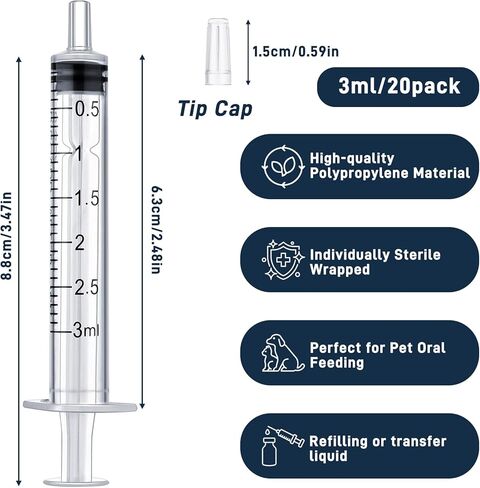 20 Pack 3ml Syringe with Cap for Liquid, 3cc Plastic Small Syringes Without Needle for Scientific Labs, Measurement, Dispensing, Pet Feeding in Saudi Arabia