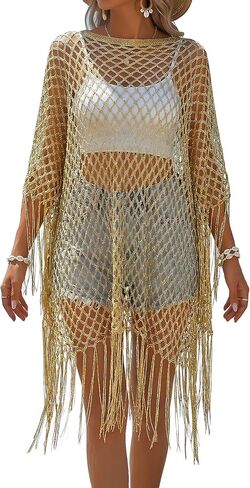MakeMeChic Women's Crochet Sheer Poncho Cape Hollow Out Fringe Knit Sweater Tops in Kuwait