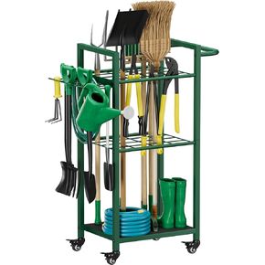 Garden Tool Organizer with Wheels, Heavy Duty 3 Tier Metal Yard Tool Storage Rack Holder with Side Hooks, Freestanding Garage Organizer for Shovels, Rakes, Brooms, Indoor Outdoor Use, Black in Saudi Arabia