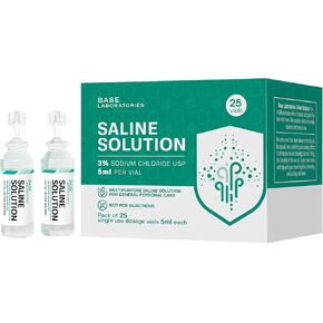 BASE LABORATORIES 3% قوارير محلول ملحي - متعددة الاستخدامات 3% أمبولات ملحية من كلوريد الصوديوم - محلول ملحي خالٍ من المواد الحافظة قوارير للاستخدام الفردي - قوارير من الدرجة USP 25 × عدد 5 مل in Kuwait