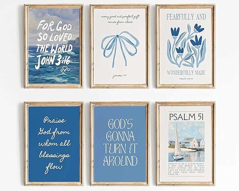 smfartjx 6pcs الأزرق الساحلي مسيحي القماش الجدار الفن الكتاب المقدس آيات اللوحات صور جدار ديكور ديكور ريين preppy الجماليات ملصق طباعة الأعمال الفنية لغرفة المعيش in Saudi Arabia